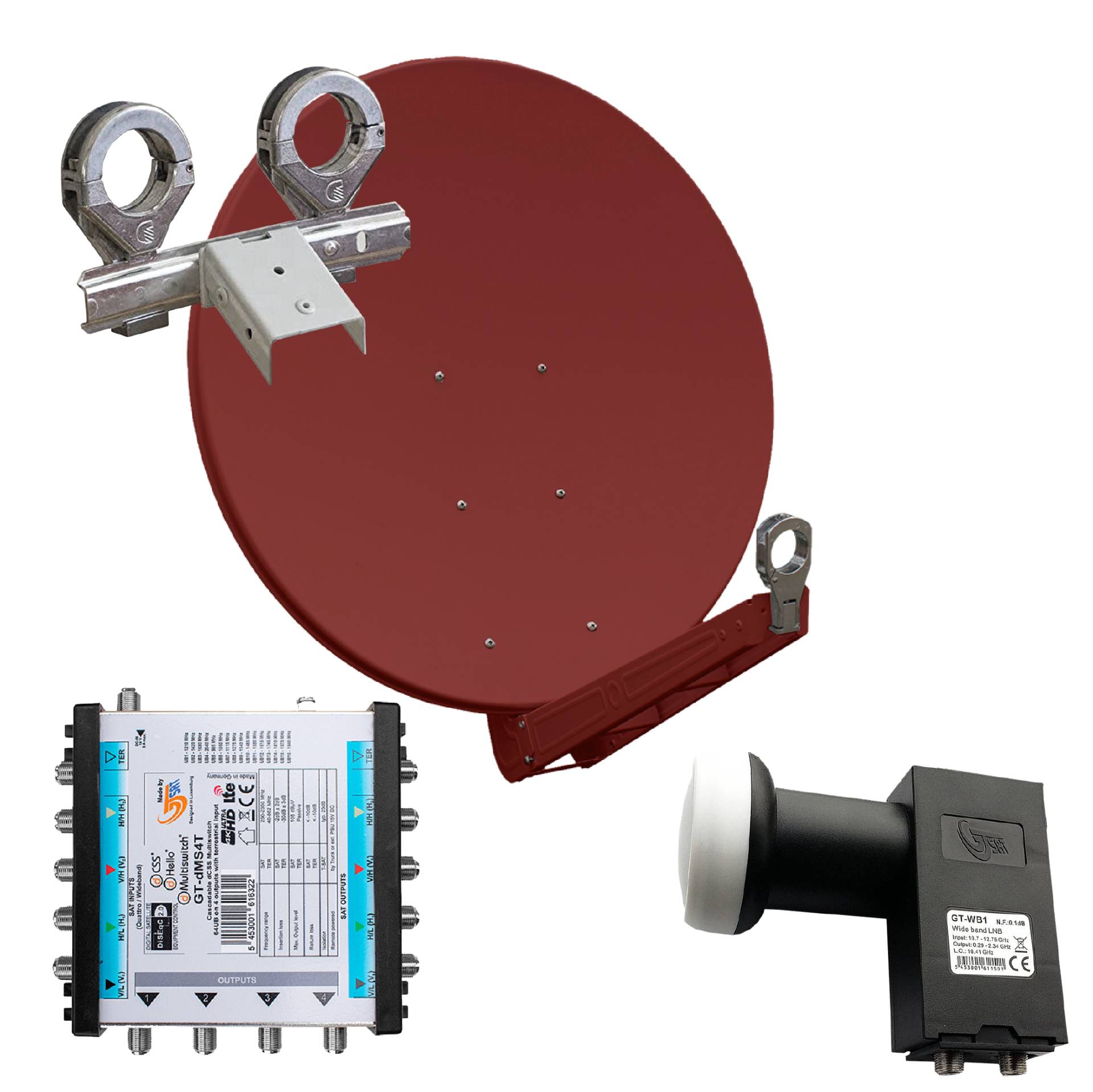 Gibertini OP 85 SE - Alu-Antenne - ziegelrot - 64 Teiln. mit Wideb.-LNB und Multischalter für 2 Sat. von Gibertini