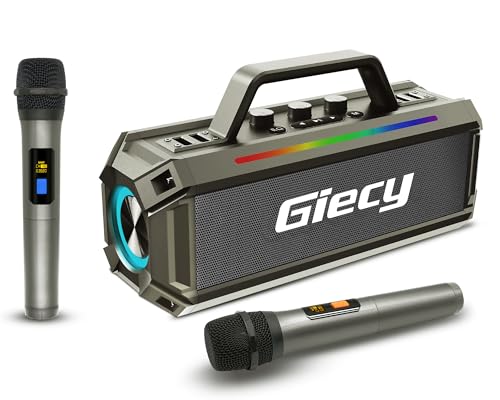 Giecy Karaoke Maschine Set,Tragbare Karaoke Anlage mit 2 kabellose Mikrofonen mit Lichteffekten,Singender Karaoke Player unterstützt Bluetooth/TF/AUX/USB von Giecy