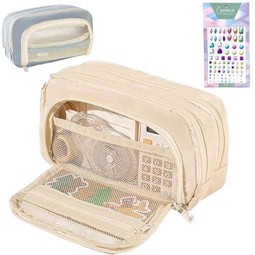 Big Capacity Pencil Case, 3 Compartments Simple Storage Aesthetic Pencil Case, Large Capacity Pencil Pouch Handheld Pen Bag Cosmetic Portable Gift (Beige) von Gienslru