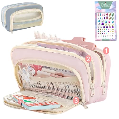 Big Capacity Pencil Case, 3 Compartments Simple Storage Aesthetic Pencil Case, Large Capacity Pencil Pouch Handheld Pen Bag Cosmetic Portable Gift (Pink) von Gienslru