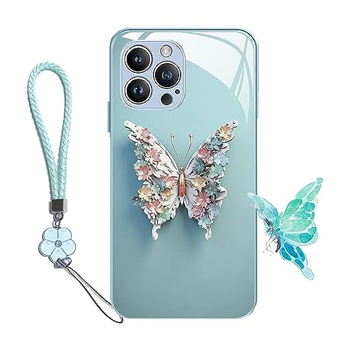 Gienslru Flat 3D Butterfly Pattern Glass Cover Compatible with iPhone, Compatible with iPhone 12 to 14 Pro Max Case with Strap (for iphone12, Blue) von Gienslru