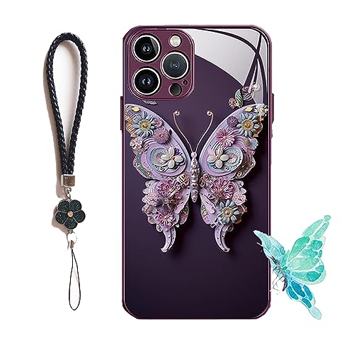 Gienslru Flat 3D Butterfly Pattern Glass Cover Compatible with iPhone, Compatible with iPhone 12 to 14 Pro Max Case with Strap (for iphone12ProMax, Deep Purple) von Gienslru