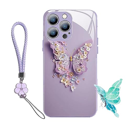 Gienslru Flat 3D Butterfly Pattern Glass Cover Compatible with iPhone, Compatible with iPhone 12 to 14 Pro Max Case with Strap (for iphone14ProMax, Light Purple) von Gienslru