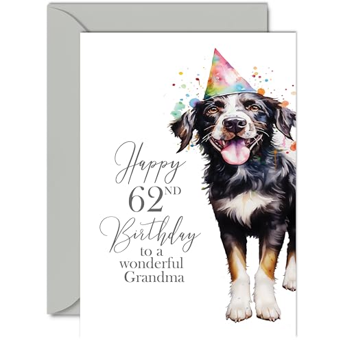 Geburtstagskarte zum 62. Geburtstag für Oma – Party-Hund – Happy Birthday Karte für 62 Jahre alte Oma von Enkelin Enkelsohn, A5 Geburtstag Frau Frauen Sie Grußkarten Geschenk für Oma von Giftzie