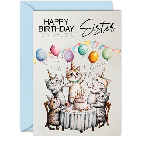 Giftzie Geburtstagskarte für Schwester – Pawsome Party Cats Balloons – Happy Birthday Karte für Schwester von Bruder Schwester, 12,7 x 17,8 cm große weibliche Katze Giftzie Geburtstagskarte für Schwester – Pawsome Party Cats Balloons – Happy Birthday Karte für Schwester von Bruder Schwester, 12,7 x 17,8 cm große weibliche Katze von Giftzie