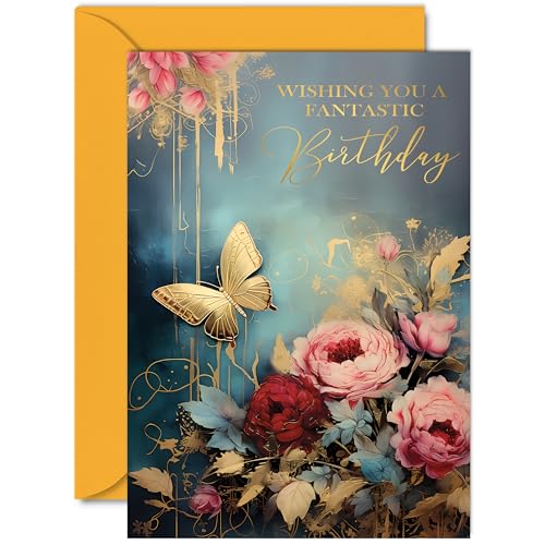 Schöne goldene Geburtstagskarte für Damen und Herren, wunderbarer goldener Schmetterling, elegante, traditionelle, hübsche Geburtstagskarte für Sie, Ihn, Familie, Freund, Kollegen, A5, wunderschöne von Giftzie