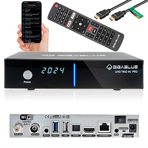 GigaBlue UHD Trio 4K PRO Kabel Sat-Receiver DVB-S2X/C/T2 Tuner | PVR-Ready Aufnahmefunktion auf USB/SD-Karte | WLAN 1200Mbit/s | HDMI, USB, LAN, Bluetooth | 12V Netzteil inkl. Babotech® HDMI-Kabel von GigaBlue