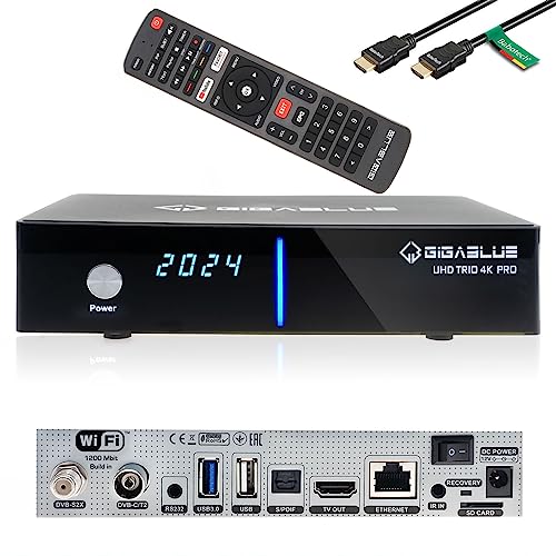 GigaBlue UHD Trio Pro 4K Box SAT-Receiver DVB-S2x DVB-C2 DVB-T2 Tuner mit 400GB Festplatte inkl. Babotech HDMI Kabel [2160p,PVR,HDMI,SD-Card Slot] - schwarz von GigaBlue