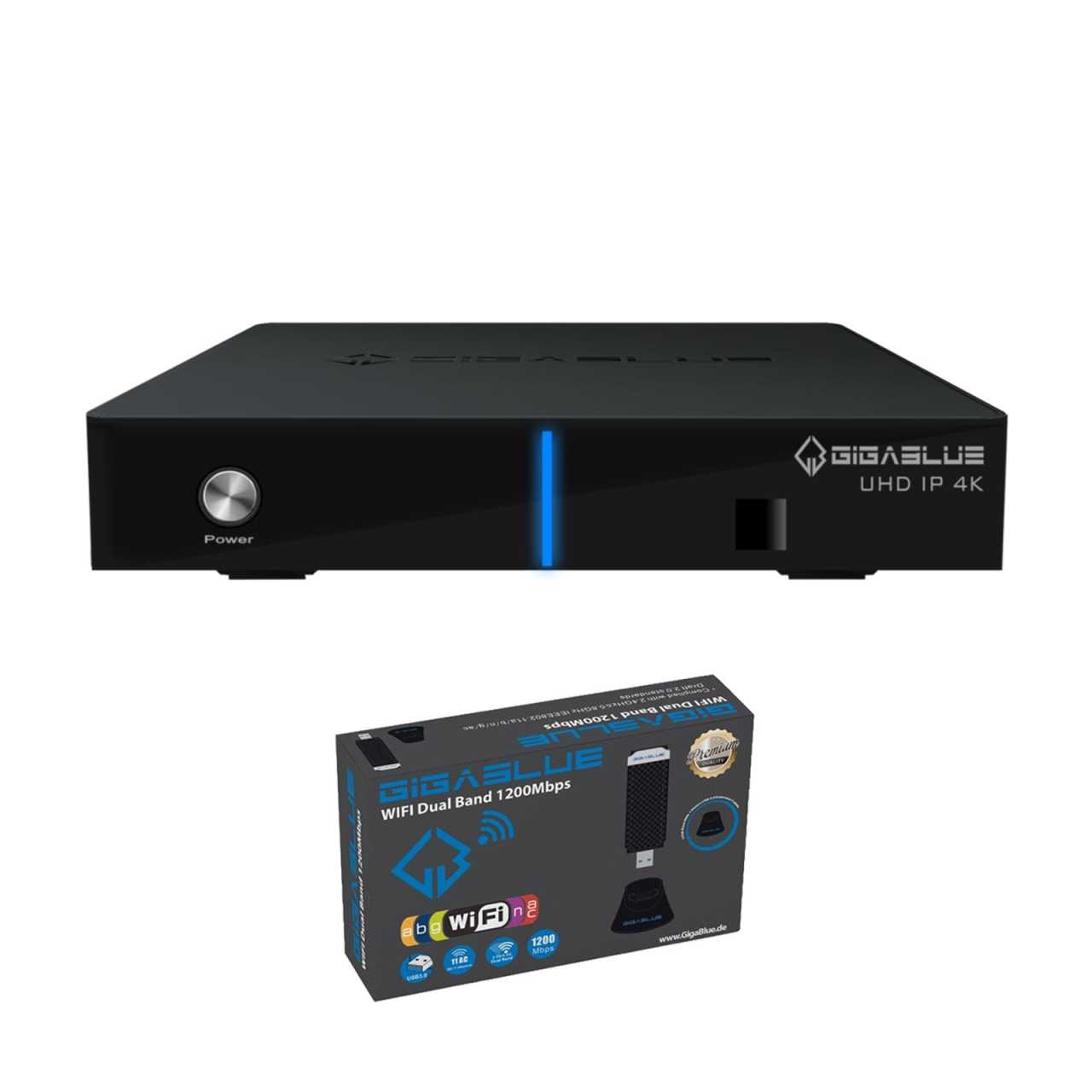 GigaBlue UHD IP 4K USB HDMI SD Karte Multiroom IP Box Receiver mit 1200Mbit Dual 2.4/5Ghz Wlan Stick von Gigablue