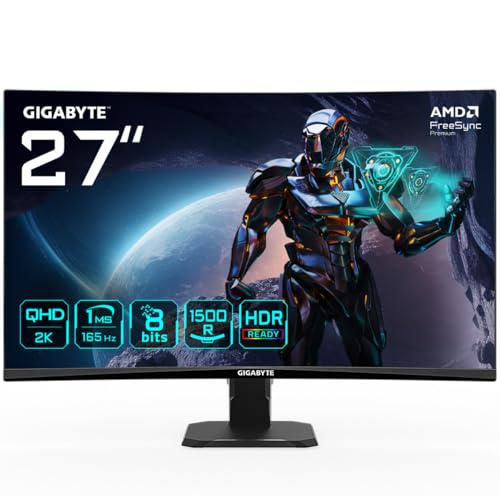 GIGABYTE GS27QC 27" QHD Curved Gaming Monitor - 2560 x 1440, 1500R, 165Hz, 1ms, 250 cd/m², FreeSync Premium, HDR ready, HDMI 2.0, DisplayPort 1.4 von Gigabyte
