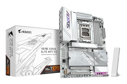 GIGABYTE X870E AORUS Elite WIFI7 Ice Mainboard – Unterstützt AMD Ryzen 9000 Prozessoren, digitales 16+2+2 Phasen VRM, bis zu 8200 MHz DDR5 (O.C.), 3X PCIe 5.0 + 1x PCIe 4.0, Wi-Fi 7, 2.5 GbE LAN von Gigabyte