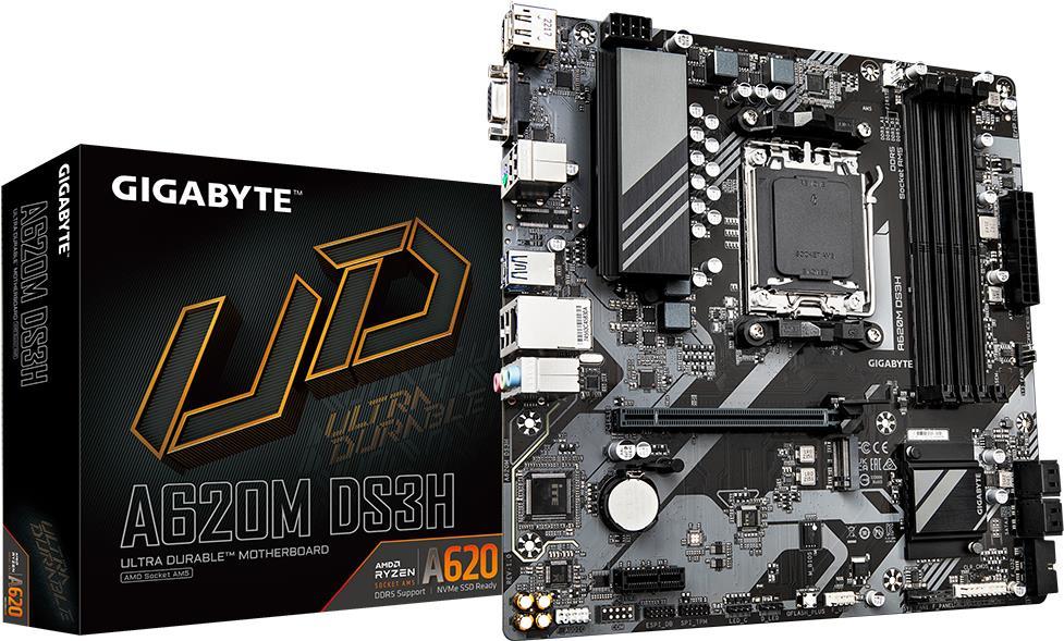 Gigabyte A620M DS3H (rev. 1.0). Prozessorhersteller: AMD, Prozessorsockel: Buchse AM5, Kompatible Prozessoren: AMD Ryzen 5, AMD Ryzen 7 7th Gen, AMD Ryzen 9 7th Gen. Unterstützte Arbeitsspeicher: DDR5-SDRAM, RAM-Speicher maximal: 192 GB, Arbeitsspeicher Typ: DIMM. Unterstützte Speicherlaufwerk-Schnittstellen: M.2, SATA III, Unterstützte Speicherlaufwerke: HDD & SSD, RAID Level: 0, 1, 10. Maximale Auflösung: 4096 x 2160 Pixel. USB-Stecker: USB Typ-A, USB Typ-C (A620M DS3H) von Gigabyte