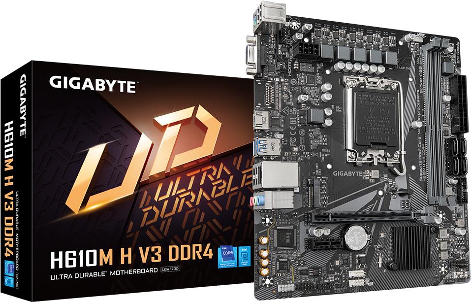 Gigabyte H610M H V3 DDR4. Prozessorhersteller: Intel, Prozessorsockel: LGA 1700, Kompatible Prozessoren: Intel® Celeron®, Intel® Core i3, Intel® Core i5, Intel® Core i7, Intel® Core i9,.... Unterstützte Arbeitsspeicher: DDR4-SDRAM, RAM-Speicher maximal: 64 GB, Arbeitsspeicher Typ: DIMM. Unterstützte Speicherlaufwerk-Schnittstellen: M.2, SATA III, Unterstützte Speicherlaufwerke: HDD & SSD. Grafikkarte-Familie: Intel, Grafikkarte: HD Graphics, Maximale Auflösung: 4096 x 2304 Pixel. USB-Stecker: USB Typ-A (H610M H V3 DDR4) von Gigabyte