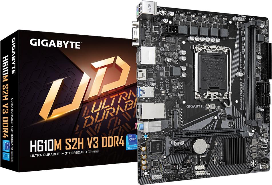 Gigabyte H610M S2H V3 DDR4. Prozessorhersteller: Intel, Prozessorsockel: LGA 1700, Kompatible Prozessoren: Intel® Celeron®, Intel® Core i3, Intel® Core i5, Intel® Core i7, Intel® Core i9,.... Unterstützte Arbeitsspeicher: DDR4-SDRAM, RAM-Speicher maximal: 64 GB, Arbeitsspeicher Typ: DIMM. Unterstützte Speicherlaufwerk-Schnittstellen: M.2, SATA III, Unterstützte Speicherlaufwerke: HDD & SSD. Maximale Auflösung: 4096 x 2304 Pixel. USB-Stecker: USB Typ-A (H610M S2H V3 DDR4) von Gigabyte