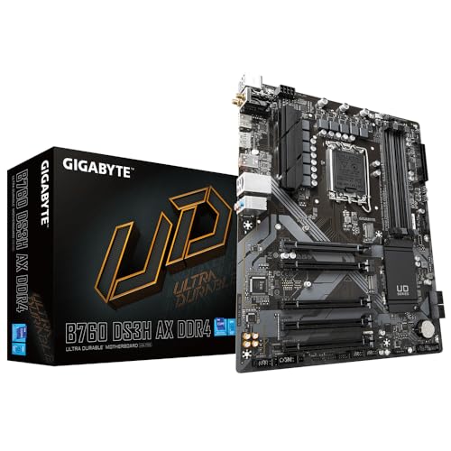GIGABYTE B760 DS3H AX DDR4 Mainboard - Unterstützt Intel Core Prozessoren der 14. Generation, 8+2+1 Phasen digitales VRM, bis zu 5333MHz DDR4 (OC), 2x PCIe 4.0 M.2, Wi-Fi 6E, GbE LAN, USB 3.2 Gen 2 von Gigabyte