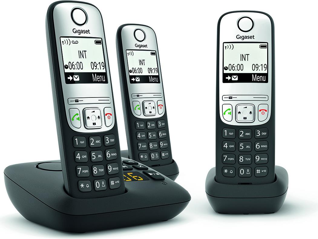 Gigaset A690A Trio - Schnurlostelefon - Anrufbeantworter mit Rufnummernanzeige - ECO DECTGAP - Schwarz + 2 zusätzliche Handsets Gigaset A690A Trio - Schnurlostelefon - Anrufbeantworter mit Rufnummernanzeige - ECO DECTGAP - Schwarz + 2 zusätzliche Handsets von Gigaset
