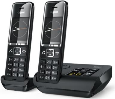 Gigaset COMFORT 550A. Typ: Analoges/DECT-Telefon, Hörertyp: Kabelgebundenes Mobilteil. Freisprecheinrichtung. Maximum Innenabstand: 50 m, Maximum Außenabstand: 300 m. Telefonbuch Kapazität: 200 Eintragungen. Anrufer-Identifikation. Bildschirmdiagonale: 5,59 cm (2.2). SMS (Kurznachrichtendienst). Produktfarbe: Schwarz. Anzahl enthaltener Handsets: 2 (L36852-H3021-B104) von Gigaset