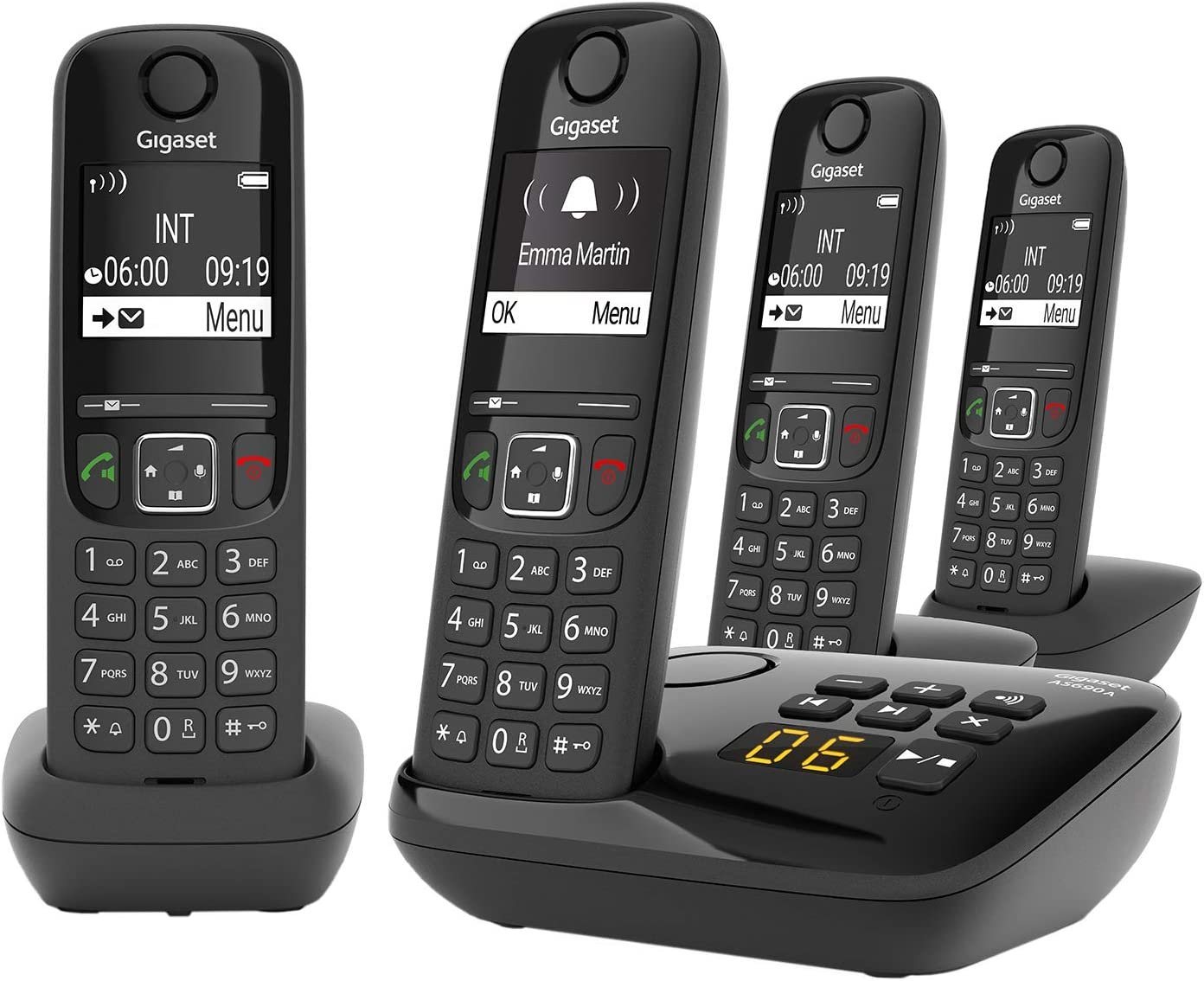 Gigaset Gigaset AS690A Quattro - 4 Schnurlose Telefone mit Anrufbeantworter Schnurloses DECT-Telefon (Mobilteile: 4, Anrufschutz & Anrufbeantworter & Kontrastreiches Display) von Gigaset