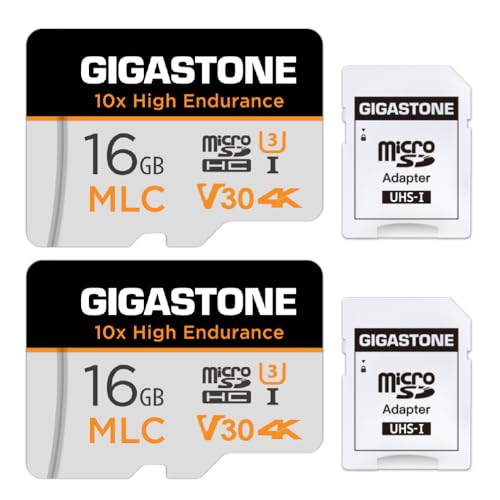 [10x High Endurance] Gigastone MLC 16GB 2er-Pack Industrial MicroSDXC Karte mit Adapter,95/30 MB/s 4K Videoaufnahme für Security Cam,Dash Cam,U3 V30 C10 [5-Jahre kostenlose Datenwiederherstellung] von Gigastone