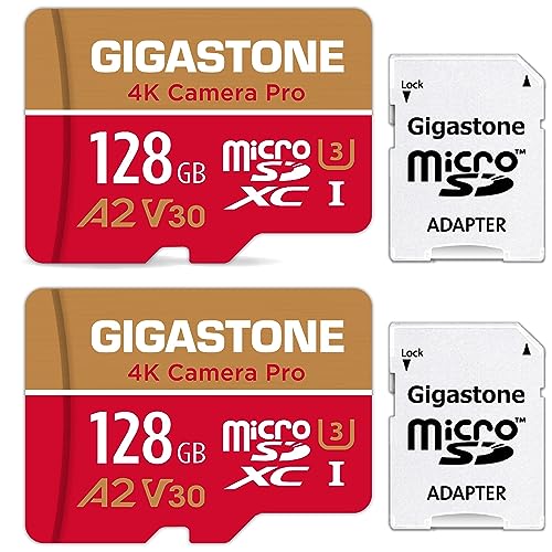[5 Jahre kostenlose Datenwiederherstellung] GIGASTONE 128GB 2er-Pack Micro SD Karte, 4K Kamera Pro MAX, bis zu 120/80 MB/s, MicroSDXC Speicherkarte für Gopro Drohne DJI Switch, A2 V30 U3 +Adapter von Gigastone