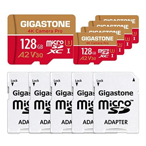 [5 Jahre kostenlose Datenwiederherstellung] GIGASTONE 128GB 5er-Pack Micro SD Karte, 4K Kamera Pro, bis zu 100/50 MB/s, MicroSDXC Speicherkarte für Gopro Drohne DJI Switch, A2 V30 U3 +Adapter von Gigastone