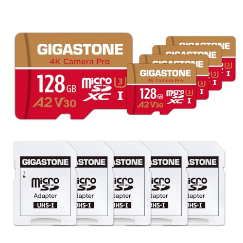 [5 Jahre kostenlose Datenwiederherstellung] GIGASTONE 128GB 5er-Pack Micro SD Karte, 4K Kamera Pro, bis zu 100/50 MB/s, MicroSDXC Speicherkarte für Gopro Drohne DJI Switch, A2 V30 U3 +Adapter von Gigastone