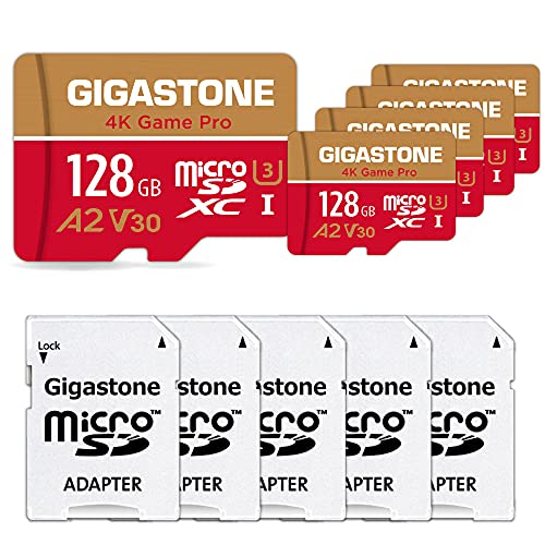 [5 Jahre kostenlose Datenwiederherstellung] Gigastone 4K Game Pro 128GB MicroSDXC Speicherkarte 5er-Pack und SD-Adapter, Kompatibel mit GoPro Switch, schwindigkeit 100 MB/s, A2 U3 V30 Micro SD Karte von Gigastone