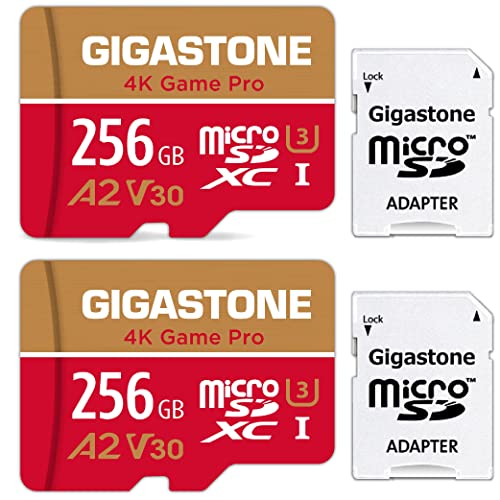 [5 Jahre kostenlose Datenwiederherstellung] Gigastone 4K Game Pro 256GB MicroSDXC Speicherkarte 2er-Pack und SD-Adapter, Kompatibel mit GoPro Switch, schwindigkeit 100 MB/s, A2 U3 V30 Micro SD Karte von Gigastone