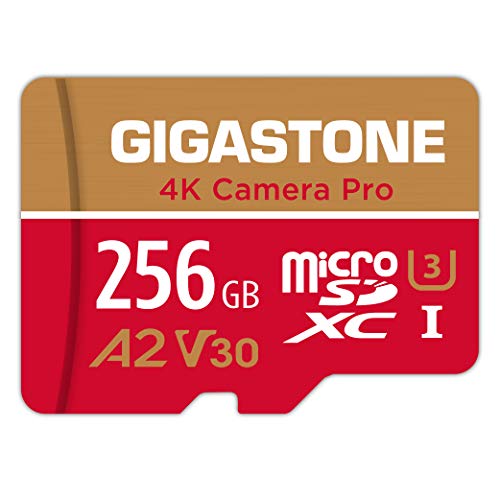 [5 Jahre kostenlose Datenwiederherstellung] GIGASTONE 4K Kamera Pro 256GB MicroSDXC Speicherkarte und SD-Adapter, Kompatibel mit GoPro Drohne Switch, Geschwindigkeit 100 MB/s, A2 V30 U3 Micro SD Karte von Gigastone