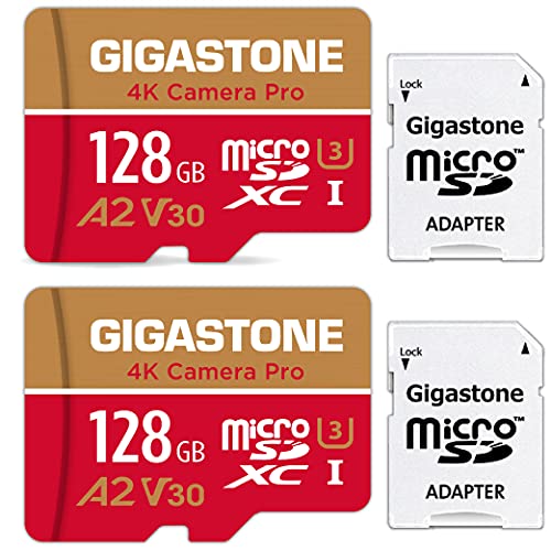 [5 Jahre kostenlose Datenwiederherstellung] Gigastone Speicherkarte 128 GB 2 Karten, 4K Kamera Pro, kompatibel mit GoPro Switch, Geschwindigkeit 100 MB/s. A2 U3 V30 Micro-SDXC-Karte mit SD-Adapter. von Gigastone