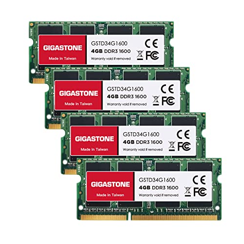 【DDR3 RAM】 GIGASTONE 16GB Kit (4x4GB) DDR3/DDR3L 1600MHz (1333MHz) PC3-12800 (PC3-10600) CL11 1.35V/1.5V 2Rx8 SODIMM 204 PinNicht-ECC ungepuffert Notebook Laptop Hochleistung Arbeitsspeicher Upgrade von Gigastone