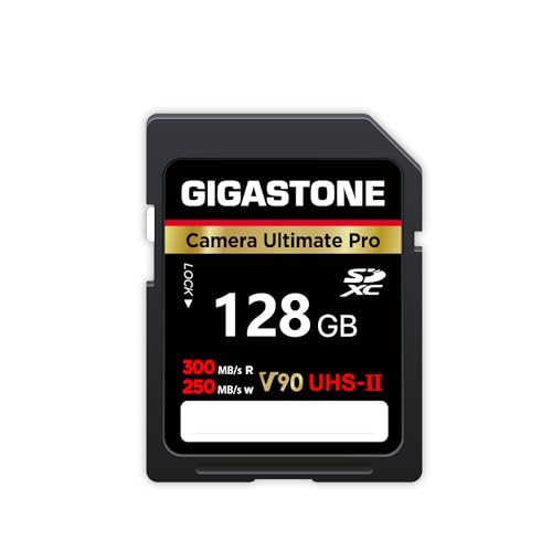 GIGASTONE UHS-II V90 128GB SD Karte, Ultimate Pro Kamera, Geschwindigkeit bis zu 300/250MB/s, U3 SDXC 4K Ultra HD UHD Video für DSLR Canon, Nikon, Sony, Pentax, Kodak, Panasonic, inkl. 1 Mini Tasche von Gigastone