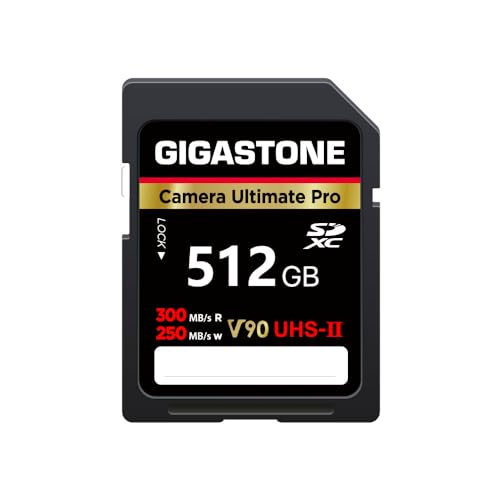 GIGASTONE UHS-II V90 512GB SD Karte, Ultimate Pro Kamera, Geschwindigkeit bis zu 300/250MB/s, U3 SDXC 4K Ultra HD UHD Video für DSLR Canon, Nikon, Sony, Pentax, Kodak, Panasonic, inkl. 1 Mini Tasche von Gigastone