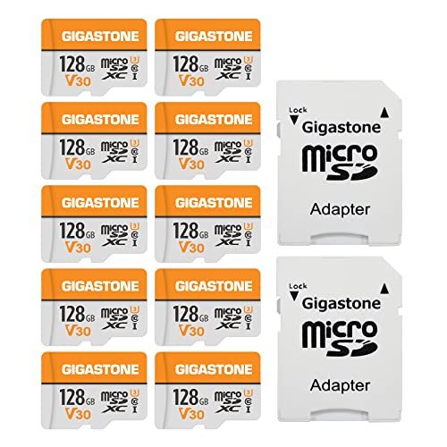 Gigastone 128GB MicroSDXC Speicherkarte 10er-Pack + SD Adapter, für Gopro, Action-Kamera, Drohne, DJI, Tablet, Switch bis zu 95MB/s, UHS-I U3 V30 Klasse 10, 4K UHD Video Micro SD Karte von Gigastone
