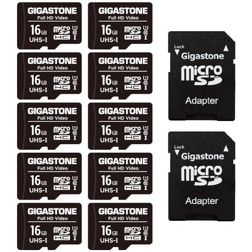 Gigastone 16GB MicroSDHC Speicherkarte 10er-Pack + SD Adapter, für Action-Kamera, GoPro, Drohne und Tablet, Lesegeschwindigkeit bis zu 85MB/s, Full HD-Videoaufnahme, Micro SD Karte UHS-I Klasse 10 U1 von Gigastone