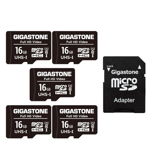 Gigastone 16GB MicroSDHC Speicherkarte 5er-Pack + SD Adapter, für Action-Kamera, GoPro, Drohne und Tablet, Lesegeschwindigkeit bis zu 85MB/s, Full HD-Videoaufnahme, Micro SD Karte UHS-I Klasse 10 U1 von Gigastone
