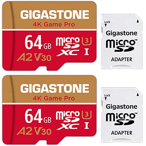 Gigastone 4K Game Pro 64GB MicroSDXC Speicherkarte 2er-Pack und SD-Adapter mit A2 App-Leistung bis zu 95MB/s für 4K Videoaufnahme, Kompatibel mit Switch, Micro SD Karte UHS-I U3 V30 Klasse 10 von Gigastone