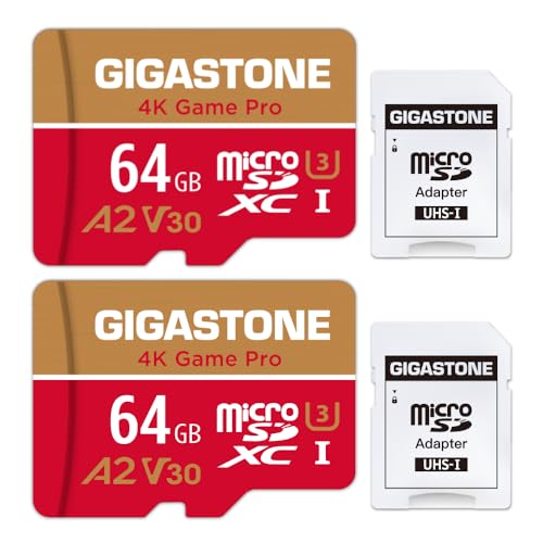 Gigastone 4K Game Pro 64GB MicroSDXC Speicherkarte 2er-Pack und SD-Adapter mit A2 App-Leistung bis zu 95MB/s für 4K Videoaufnahme, Kompatibel mit Switch, Micro SD Karte UHS-I U3 V30 Klasse 10 von Gigastone