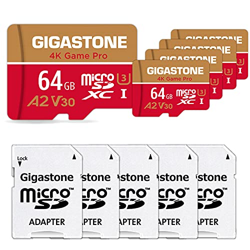 Gigastone 4K Game Pro 64GB MicroSDXC Speicherkarte 5er-Pack und SD-Adapter mit A2 App-Leistung bis zu 95MB/s für 4K Videoaufnahme, Kompatibel mit Switch, Micro SD Karte UHS-I U3 V30 Klasse 10 von Gigastone