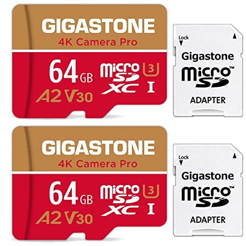 Gigastone 4K Kamera Pro Micro SD Karte 64GB 2er-Pack und SD-Adapter, Kompatibel mit GoPro Drohne Switch, bis zu 95/35 MB/s, 4K UHD Videoaufnahmen, MicroSDXC Speicherkarte UHS-I A2 Klasse 10 U3 V30 von Gigastone