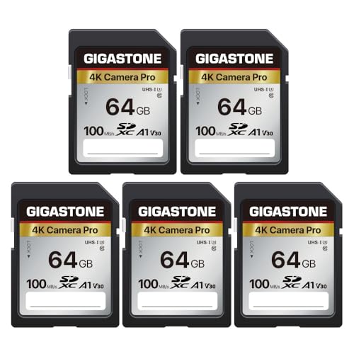 Gigastone 64 GB 5er-Pack SD-Karte V30 SDXC Speicherkarte High Speed 4K Ultra HD UHD Video Kompatibel mit Canon Nikon Sony Pentax Kodak Olympus Panasonic Digitalkamera von Gigastone