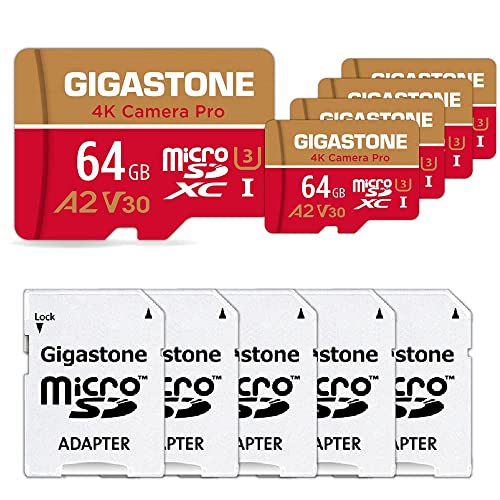 Gigastone 64 GB Speicherkarte, 5 Stück, 4K Pro Kamera, kompatibel mit GoPro Switch, Geschwindigkeit 95 MB/s. A2 U3 V30 Micro SDXC-Karte mit SD-Adapter. von Gigastone