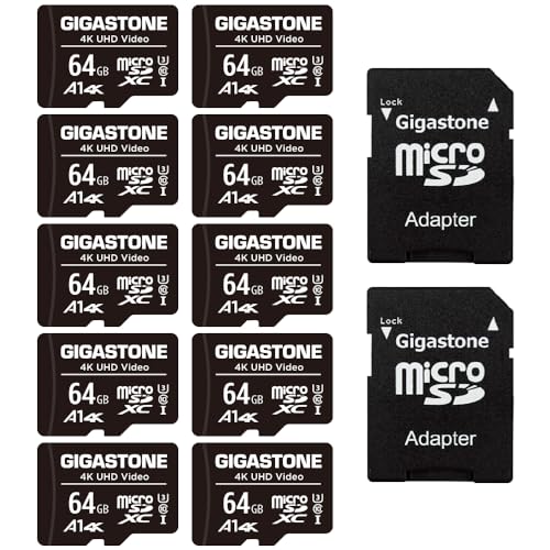 Gigastone 64GB MicroSDXC Speicherkarte 10er-Pack + SD Adapter, für Action-Kamera, GoPro, Drohne und Tablet, Lesegeschwindigkeit bis zu 95MB/s, 4K UHD-Video, Micro SD Karte UHS-I A1 Klasse 10 U3 von Gigastone