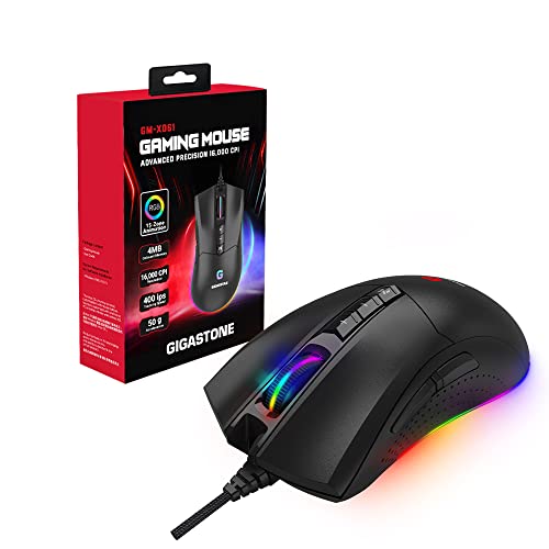 Gigastone Gaming-Maus 16.000 DPI, Kabelgebundene Gaming-Maus Mit Anpassbarer RGB-Hintergrundbeleuchtung, 10 Programmierbaren Tasten, 4 MB Onboard-Speicher, Am Besten Geeignet für Windows 7 and Höher von Gigastone