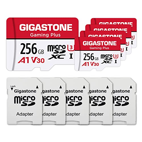 Gigastone Gaming Plus Micro SD Karte 256GB 5er-Pack und SD Adapter, Kompatibel mit Switch, SD Karte bis zu 100/60 MB/s MicroSDXC Speicherkarte UHS-I A1 U3 V30 Klasse 10, 4K UHD Videoaufnahme von Gigastone