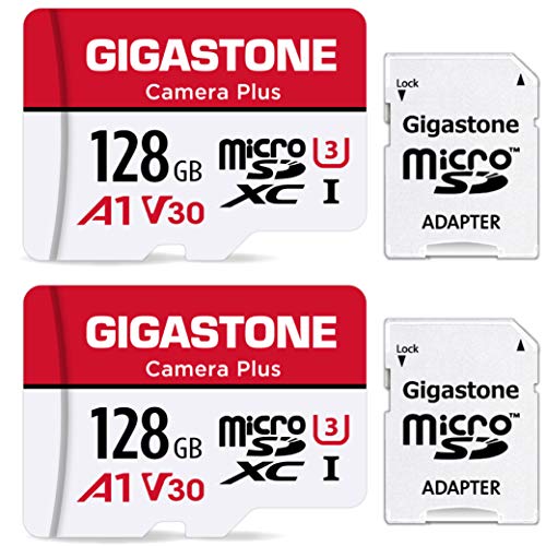 Gigastone Kamera Plus 128GB MicroSDXC Speicherkarte 2er-Pack + SD Adapter, für Action-Kamera und Drohne, Lesegeschwindigkeit bis zu 100MB/s, Full HD-Videoaufnahme, A1 U3 Klasse 10 Micro SD Karte UHS-I von Gigastone