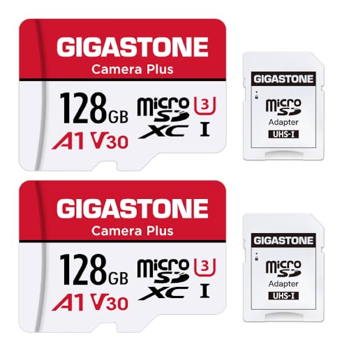 Gigastone Kamera Plus 128GB MicroSDXC Speicherkarte 2er-Pack + SD Adapter, für Action-Kamera und Drohne, Lesegeschwindigkeit bis zu 100MB/s, Full HD-Videoaufnahme, A1 U3 Klasse 10 Micro SD Karte UHS-I von Gigastone