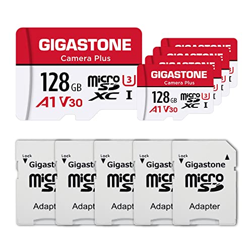 Gigastone Kamera Plus 128GB MicroSDXC Speicherkarte 5er-Pack + SD Adapter, für Action-Kamera und Drohne, Lesegeschwindigkeit bis zu 100MB/s, Full HD-Videoaufnahme, A1 U3 Klasse 10 Micro SD Karte UHS-I von Gigastone
