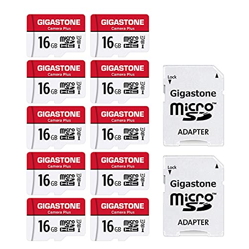 Gigastone Speicherkarte 16 GB, 10 Stück, Kamera Plus Serie, Geschwindigkeit bis zu 85 MB/s. Ideal für Full HD Video Gopro Kamera Drohne U1 C10 Micro SDHC Karte mit Mini Tasche und SD-Adapter. von Gigastone