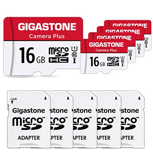 Gigastone Kamera Plus 16GB MicroSDHC Speicherkarte 5er-Pack + SD Adapter, für Action-Kamera und Drohne, Lesegeschwindigkeit bis zu 85MB/s, Full HD-Videoaufnahme, U1 Klasse 10 Micro SD Karte UHS-I von Gigastone